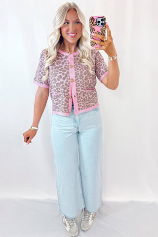 Pink Leopard Button Down Short Sleeve Sweater Cardigan, Dear-Lover Dropshipping - A Blissfully Beautiful Boutique