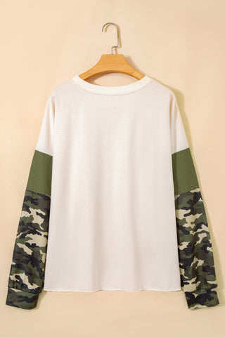 Apricot Camo Print Patchwork Sleeve Raw Hem Plus Size Sweatshirt, Dear-Lover Dropshipping - A Blissfully Beautiful Boutique