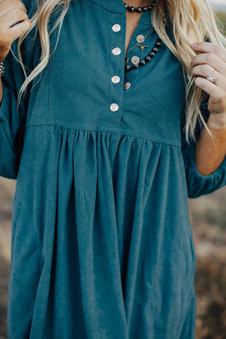 Blue Corduroy Snap Buttons Empire Waist Bracelet Sleeve Dress