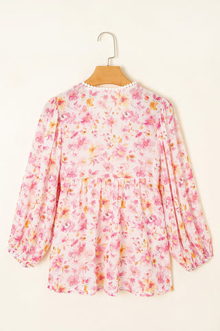 Pink Floral Print Tassel Tie Smocked V Neck Puff Sleeve Tunic Blouse