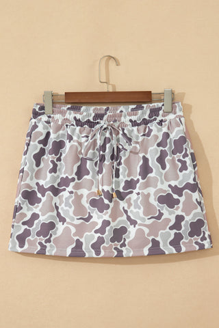 Khaki Abstract Camo Elastic Waist Drawstring Mini Skort, Dear-Lover Dropshipping - A Blissfully Beautiful Boutique