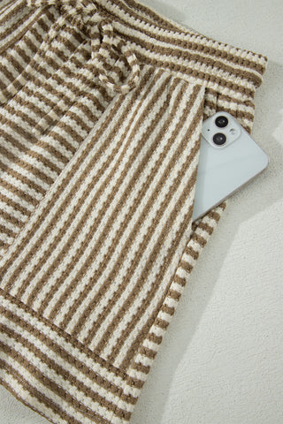 Brown Stripe Breathable Textured Knit Short 2pcs Set, Dear-Lover Dropshipping - A Blissfully Beautiful Boutique