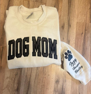 Dog Mom Varsity Glitter Applique and Icon on sleeve Embroidered Comfort Color Short Sleeve or Sweatshirt, Merch Girls - A Blissfully Beautiful Boutique