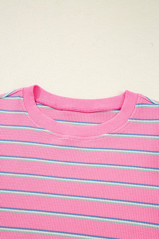Rose Stripe Textured Knit Round Neck Long Sleeve Top