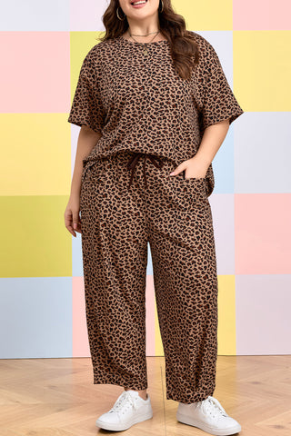 Brown Plus Size Leopard Loose Top Pleated Pants Set, Dear-Lover Dropshipping - A Blissfully Beautiful Boutique