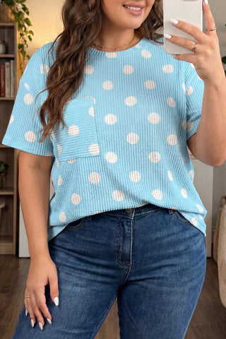 Sky Blue Twisted Rib Polka Dot Print Plus Size T Shirt, Dear-Lover Dropshipping - A Blissfully Beautiful Boutique
