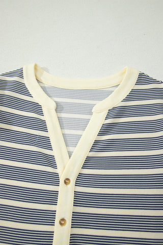 Blue Stripe Plus Size Contrast Trim Button V Neck Ruffle Sleeve Shift Dress