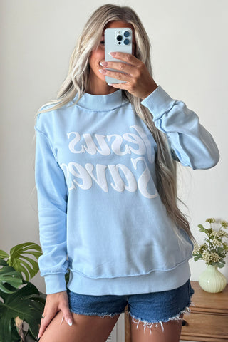 Mist Blue Jesus Saves Slogan Print Stand Neck Baggy Sweatshirt