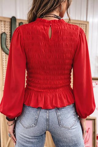 Jet Stream Solid Color Smocked Ruffle Hem Long Sleeve Blouse