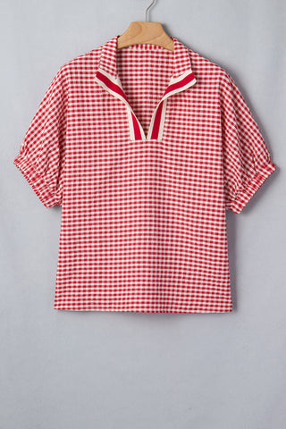 Red Plaid Short Sleeve Colorblock Trim Split Neck Blouse, Dear-Lover Dropshipping - A Blissfully Beautiful Boutique
