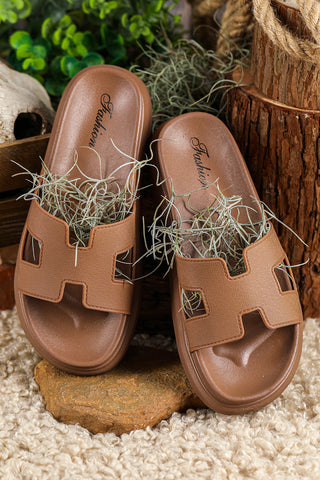 Chestnut Cutout Design Open Toe Platform Slippers (Run Small, Size Up), Dear-Lover Dropshipping - A Blissfully Beautiful Boutique
