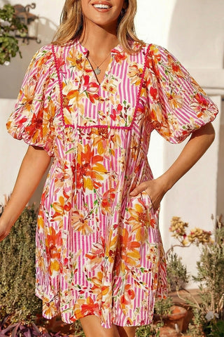 Pink Striped Floral Print Tie Neck Puff Sleeve Loose Mini Dress, Dear-Lover Dropshipping - A Blissfully Beautiful Boutique