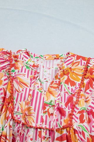 Pink Striped Floral Print Tie Neck Puff Sleeve Loose Mini Dress, Dear-Lover Dropshipping - A Blissfully Beautiful Boutique