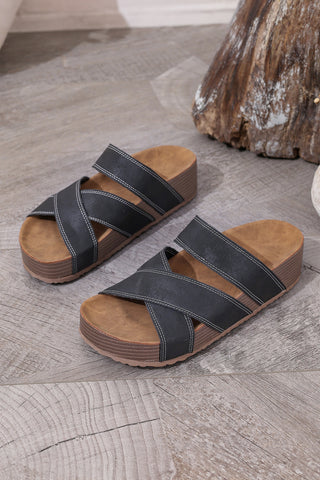 Color black Contrast Stitch Crossed Band Retro Platform Slippers, Dear-Lover Dropshipping - A Blissfully Beautiful Boutique