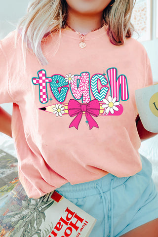 Pink Preppy Retro Checkered Coquette Teach Graphic T-Shirt, Dear-Lover Dropshipping - A Blissfully Beautiful Boutique