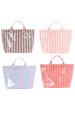 Light Blue Glossy Striped Vinyl Large Tote Bag, Dear-Lover Dropshipping - A Blissfully Beautiful Boutique