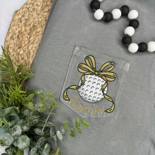 Custom Sport Bow Embroidered Comfort Color Pocket Tee, Merch Girls - A Blissfully Beautiful Boutique