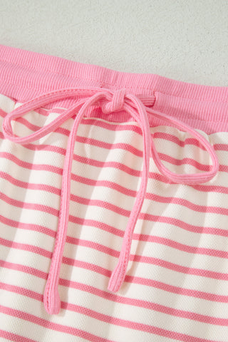 Pink Stripe Color Block Patchwork Polo Tee Drawstring Elastic Waist 2pcs Skort Set, Dear-Lover Dropshipping - A Blissfully Beautiful Boutique