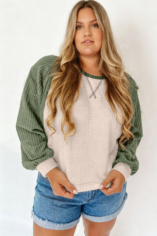 Mist Green Plus Size Waffled Color Block Long Sleeve Top, Dear-Lover Dropshipping - A Blissfully Beautiful Boutique