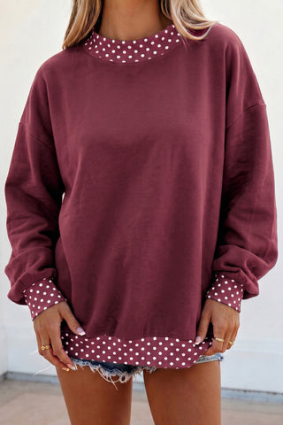 Burgundy Colorblock Polka Dot Contrast Trim Oversized Sweatshirt