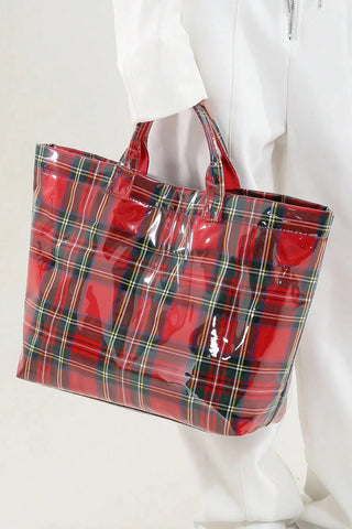 Fiery Red Plaid Pattern PVC Glossy Waterproof Tote Bag, Dear-Lover Dropshipping - A Blissfully Beautiful Boutique