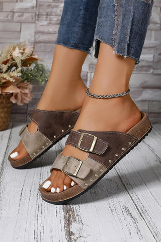 Coffee Leopard Two-tone Retro Buckle Straps Hollowed Faux Suede Slippers, Dear-Lover Dropshipping - A Blissfully Beautiful Boutique