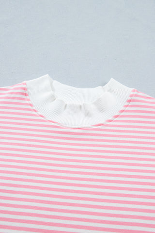 Pink Stripe Cuffed Sleeve Contrast Mock Neck Tee Casual 2pcs Short Set, Dear-Lover Dropshipping - A Blissfully Beautiful Boutique