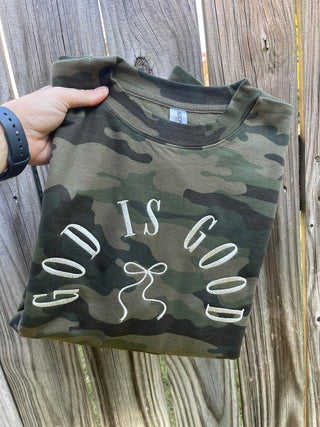 God Is Good Camo Embroidered Sweatshirt, Merch Girls - A Blissfully Beautiful Boutique