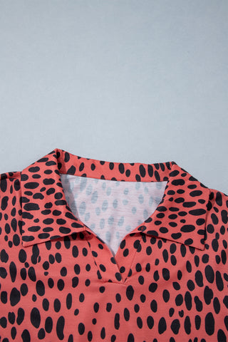 Red Leopard Print Long Sleeve V Neck Plus Size Midi Dress