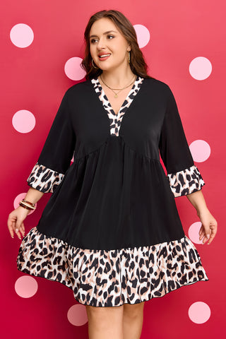 Black Plus Size Leopard Patchwork V Neck 3/4 Sleeve Ruffle Hem Mini Dress, Dear-Lover Dropshipping - A Blissfully Beautiful Boutique