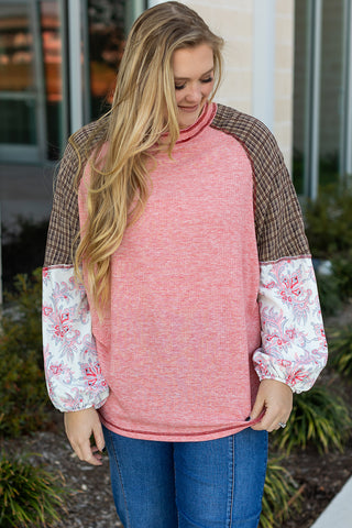 Pink Checkered Paisley Patchwork Raglan Sleeve Seamed Plus Size Top