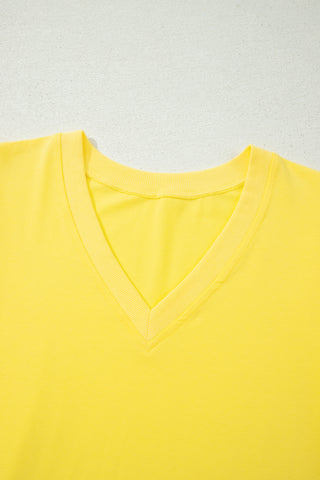 Yellow Solid Color V Neck Short Puff Sleeve Blouse