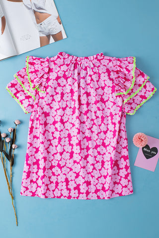 Pink Floral Contrast Ric Rac Layered Ruffle Sleeve Blouse