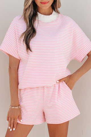 Pink Stripe Cuffed Sleeve Contrast Mock Neck Tee Casual 2pcs Short Set, Dear-Lover Dropshipping - A Blissfully Beautiful Boutique