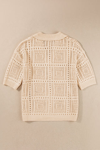 Apricot Turn-down Collar Hollowed Knit Short Sleeve Top