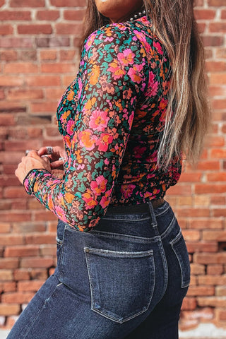 Rose Plus Size Vintage Floral Print Mesh Long Sleeve Top, Dear-Lover Dropshipping - A Blissfully Beautiful Boutique