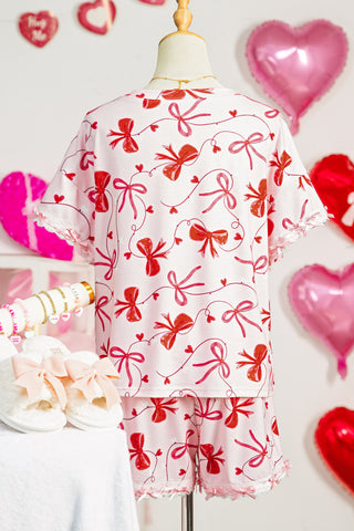 Red Romantic Bow Print Loose Tee Drawstring Shorts 2pcs Lounge Set, Dear-Lover Dropshipping - A Blissfully Beautiful Boutique