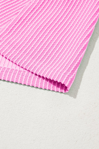 Bright Pink Corded Knit Crew Neck Puff Sleeve Shift Mini Dress