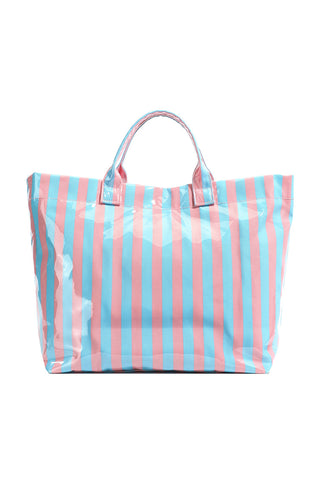 Light Blue Glossy Striped Vinyl Large Tote Bag, Dear-Lover Dropshipping - A Blissfully Beautiful Boutique