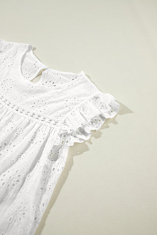 White Eyelet Embroidered Ruffled Flutter Sleeve Blouse