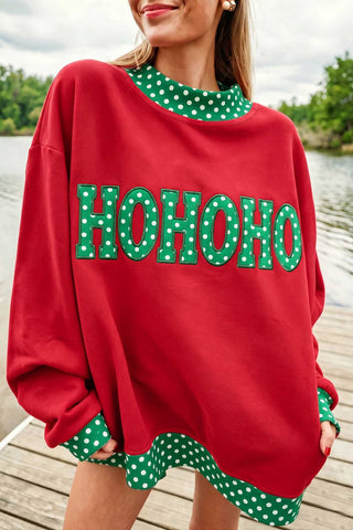 Dirty blue Polka Dot Letter Print Contrast Trim Mock Neck Sweatshirt