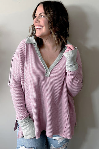 Pink Plus Size Exposed Seam Waffle Knit Top