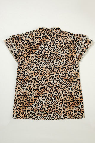 Khaki Plus Size Leopard Print Stitch Detail Ruffled Short Sleeve Blouse, Dear-Lover Dropshipping - A Blissfully Beautiful Boutique