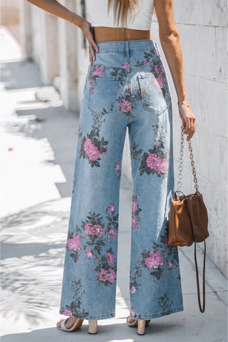 Sky Blue Garden Floral Print Bootcut Jeans, Dear-Lover Dropshipping - A Blissfully Beautiful Boutique