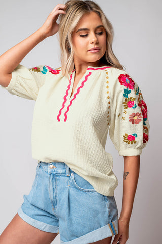 Beige Floral Embroidered Ricrac Puff Sleeve Textured Blouse