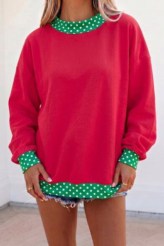 Burgundy Colorblock Polka Dot Contrast Trim Oversized Sweatshirt
