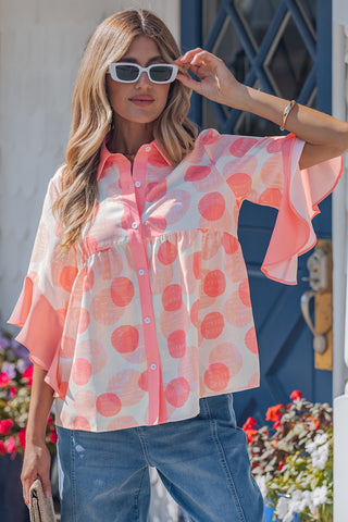 Pink Double Polka Dot Printed Ruffle Trim Short Sleeve Babydoll Shirt, Dear-Lover Dropshipping - A Blissfully Beautiful Boutique