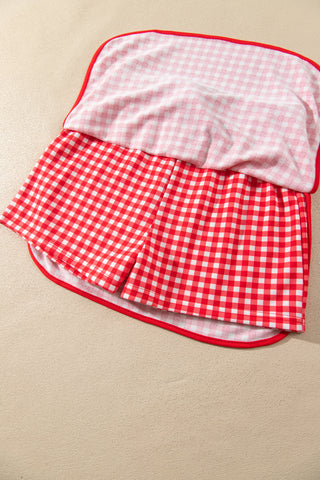 Red Gingham Oversized Ribbed Trim Crew Neck Long Sleeve Top and Skort Set