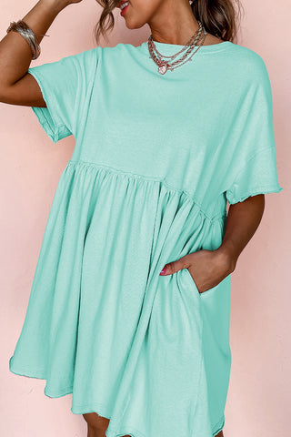 Moonlight Jade Solid Color Pocketed Raw Edge Babydoll Dress, A Blissfully Beautiful Boutique - A Blissfully Beautiful Boutique