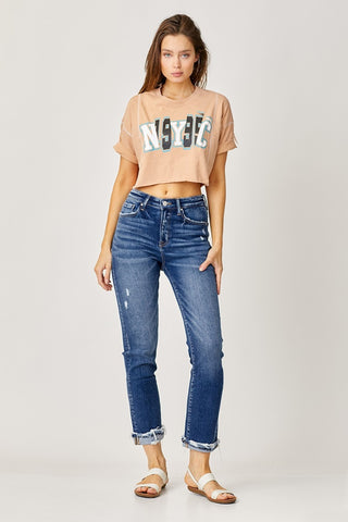 Risen Full Size High-Rise Frayed Cuffed Straight Jeans